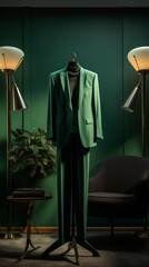 Power suit costume sur un mannequin dans une pièce verte émeraude - obrazy, fototapety, plakaty