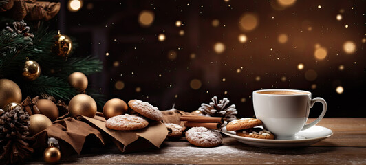 Obraz na płótnie Canvas Cup of coffee with cookies in a Christmas scene banner