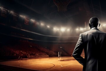 Basketball Coach standing court side, stadium lights - obrazy, fototapety, plakaty