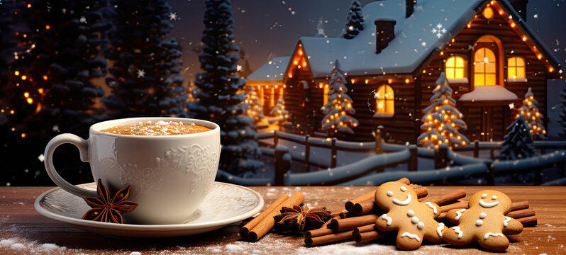 Cup of coffee with cookies in a Christmas scene banner