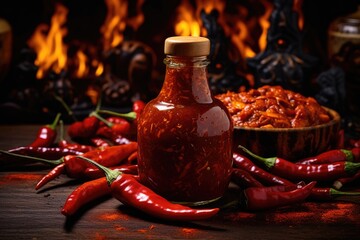 Spicy Infusion Showcase: An alluring showcase captures the essence of a fiery sauce bottle against a wooden canvas, accompanied by the bold presence of hot peppers and an assortment of aromatic spices - obrazy, fototapety, plakaty