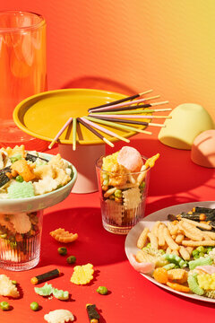 Vivid Japanese snack spread vertical