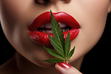 Sensual Cannabis Connection: Explore the sensuality in the connection between lips and a cannabis leaf, capturing the delicate synergy of therapeutic intimacy - obrazy, fototapety, plakaty