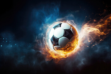 Fototapeta premium Soccer Elegance in the Spotlight: A captivating photo of a soccer ball bathed in the brilliance of sports lighting, exuding elegance on the field