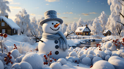 snowman on the lake wearing gray scarf and hat