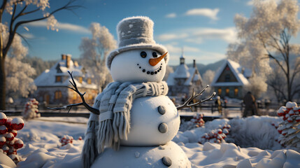 Obraz premium snowman in the snow with gray scarf and hat