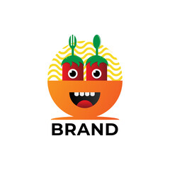 Noodle bowl mascot cartoon with a chili, spoon and fork. Cute style design for food and drink company related.