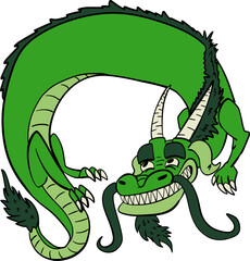 Hand drawn vector drawing of green Chinese eastern dragon. Cartoon style, flat, doodle, colourful. For New 2024 Year, character, holiday, sign, symbol, cute, silly