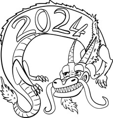 Hand drawn vector drawing of Chinese eastern dragon. Black and white, contour, silhouette, cartoon style, doodle. For New 2024 year, holidays, sign, symbol
