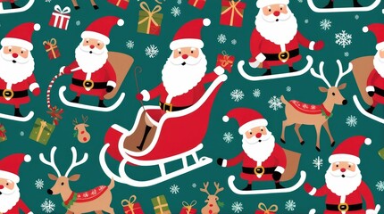 Santa Claus, Reindeer, and Sleighs. Christmas Pattern. Holiday Season