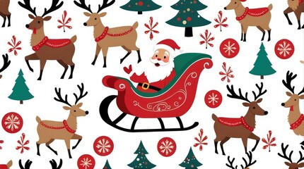 Santa Claus, Reindeer, and Sleighs. Christmas Pattern. Holiday Season