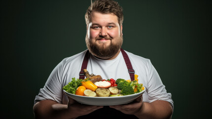 Chef with charming smile presents healthy, balanced and hearty vegetarial plate, assorted vegetables, and potatoes, showcasing a nutritious gourmet dishes that are as nutritious as they are delicious