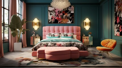 Craft an image that radiates modern opulence in a chic, colorful bedroom.