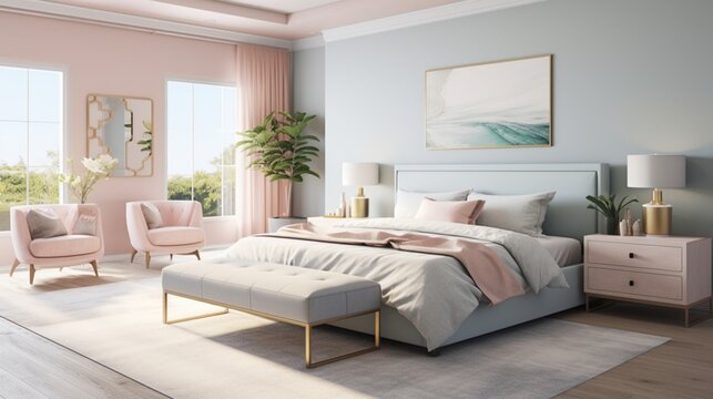 Craft an image of a modern bedroom oasis featuring a symphony of pastel hues, seamlessly blending tranquility and sophistication.