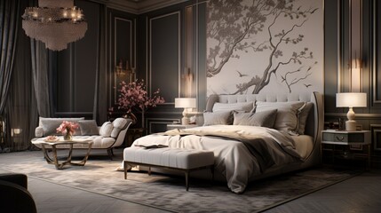 Generate an image of a deluxe, stylish bedroom that emanates elegance.