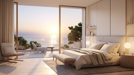 Imagine a bedroom bathed in golden-hour sunlight, highlighting its modern elegance.