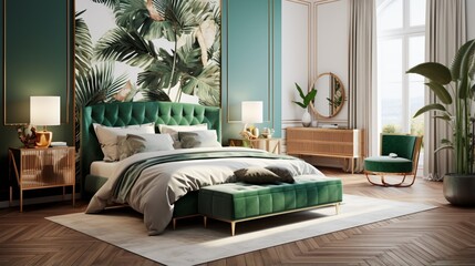 Imagine a bedroom that harmoniously blends rose gold accents with lush emerald tones, inviting luxury and refinement.