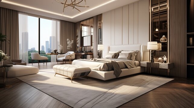 Generate an image of a deluxe, contemporary bedroom that exudes style and opulence.