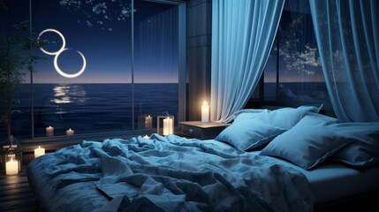 a serene bedroom with cascading curtains, soft moonlight, and touches of aqua blue, whispering a...