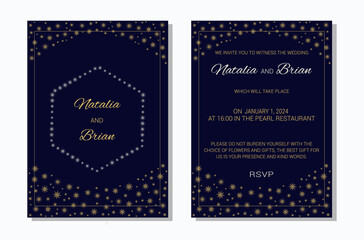 Wedding invitation layout template in winter theme. Golden snowflakes on a dark blue background. Design of an invitation card. Vector illustration.