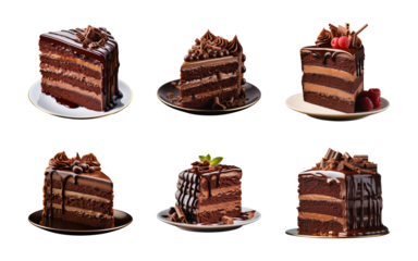 Collection set of sweet and tasty chocolate cake isolated on a transparent background, cut out