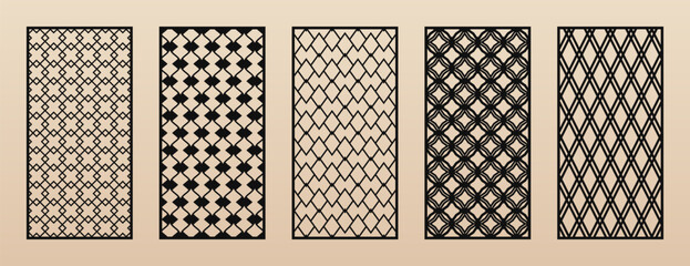 Decorative panels for laser cut, CNC cutting. Cutout silhouette with abstract geometric pattern, grid, diamonds, rhombuses, thin lines, lattice. Modern vector stencil for wood, metal. Aspect ratio 1:2