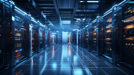 Advanced computer server room in a corporate business building, semiconductor servers, cloud servers