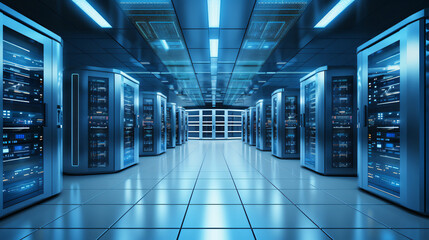 Advanced computer server room in a corporate business building, semiconductor servers, cloud servers