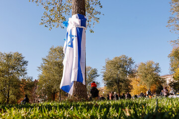 Boston, Massachusetts USA - November 19, 2023: An Israeli flag hung on a tree in the Boston Commons.