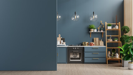 Mockup modern style kitchen interior design with dark blue wall - obrazy, fototapety, plakaty