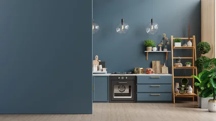 Fotobehang Mockup modern style kitchen interior design with dark blue wall © Vanit่jan