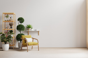 Modern minimalist interior with an yellow armchair on empty white color wall background - obrazy, fototapety, plakaty