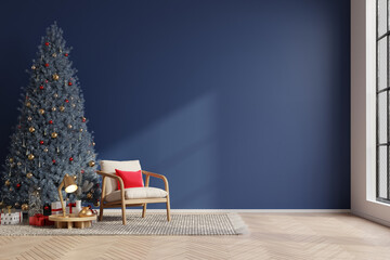 Christmas living room interior with with armchair on empty dark wall background - obrazy, fototapety, plakaty