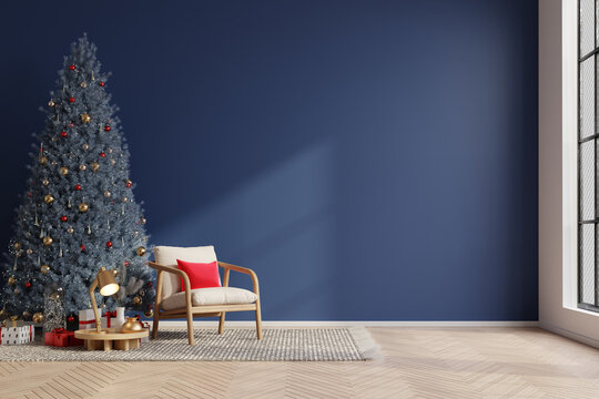 Fototapeta Christmas living room interior with with armchair on empty dark wall background