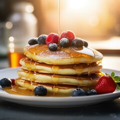 Golden Pancakes with Fresh Berries and Maple Syrup