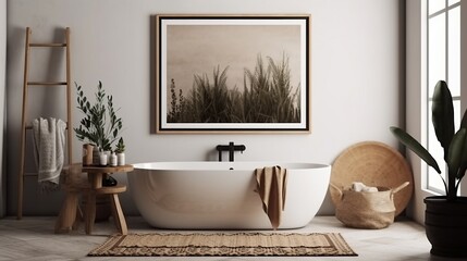 Fototapeta na wymiar Poster mockup in cozy nomadic bathroom interior background, 3d render. Cozy nomadic bathroom interior. Decor concept. Real estate concept. Art concept. Bathroom concept. Stylist concept. 3d render