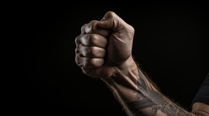 A clenched male fist is up in the air on dark background - obrazy, fototapety, plakaty