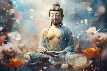 Serene buddha amidst peaceful scenery, flowers, mystical magic, Generative AI