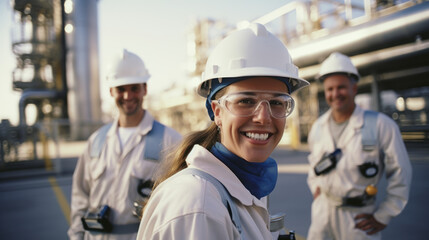 Groups of engineers in white jumpsuits and helmets smiling at work, standing in a petrochemical plant - obrazy, fototapety, plakaty