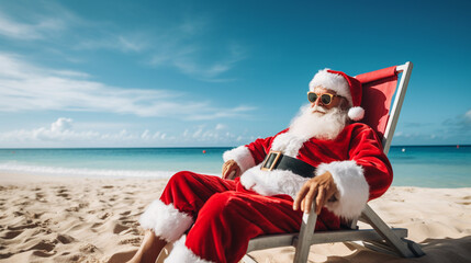 Santa Claus relaxing in deck chair on tropical beach. Christmas vacation and travel concept.
Christmas and New Year concept. 
