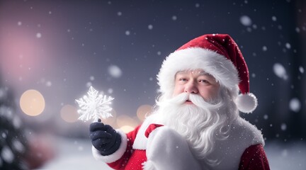 Christmas evening with Santa Claus in a beautiful defocused snowing environment background holding a snow flake