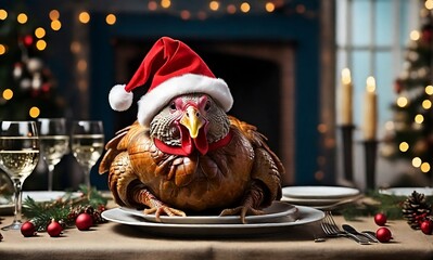 A christmas turkey wearing a santa hat sat at a festive table with an empty plate created with generative ai