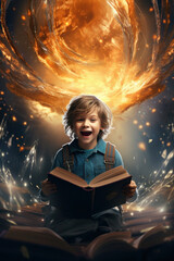 cheerful boy reads literature. magic and imagination from learning. is delighted with the training