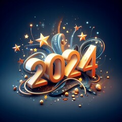 2024 new year with 3D number and stars design concept. Happy new year 2024 celebration template created with generative ai - obrazy, fototapety, plakaty
