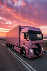 Loaded European truck on motorway in red, orange, pink sunset light. On the road transportation and cargo.