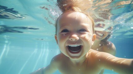Cute smiling baby and mom having fun swimming and diving in the pool at the resort on summer vacation. Activities and sports to happy kid, family, holiday,