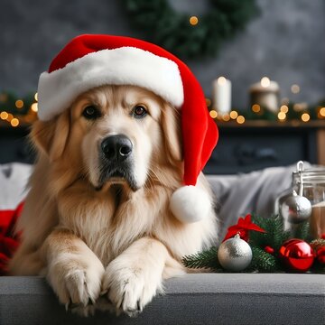fulfyy relaxed dog lying on a gray sofa in a Santa's hat with blurred Christmas decor composition on the coffee table created with generative ai