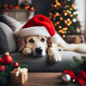 fulfyy relaxed dog lying on a gray sofa in a Santa's hat with blurred Christmas decor composition on the coffee table created with generative ai