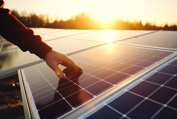 As sunset approaches, man hand gently grazes surface of solar panel, embodying potential of sustainable living and energy independence, symbolizing human interaction with renewable energy sources - obrazy, fototapety, plakaty