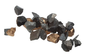 Gold ore nugget mix stone material explode from Mining. Golden nugget ore explosion with stone gravel in gold Mining industry. White background Isolated throwing freeze stop motion